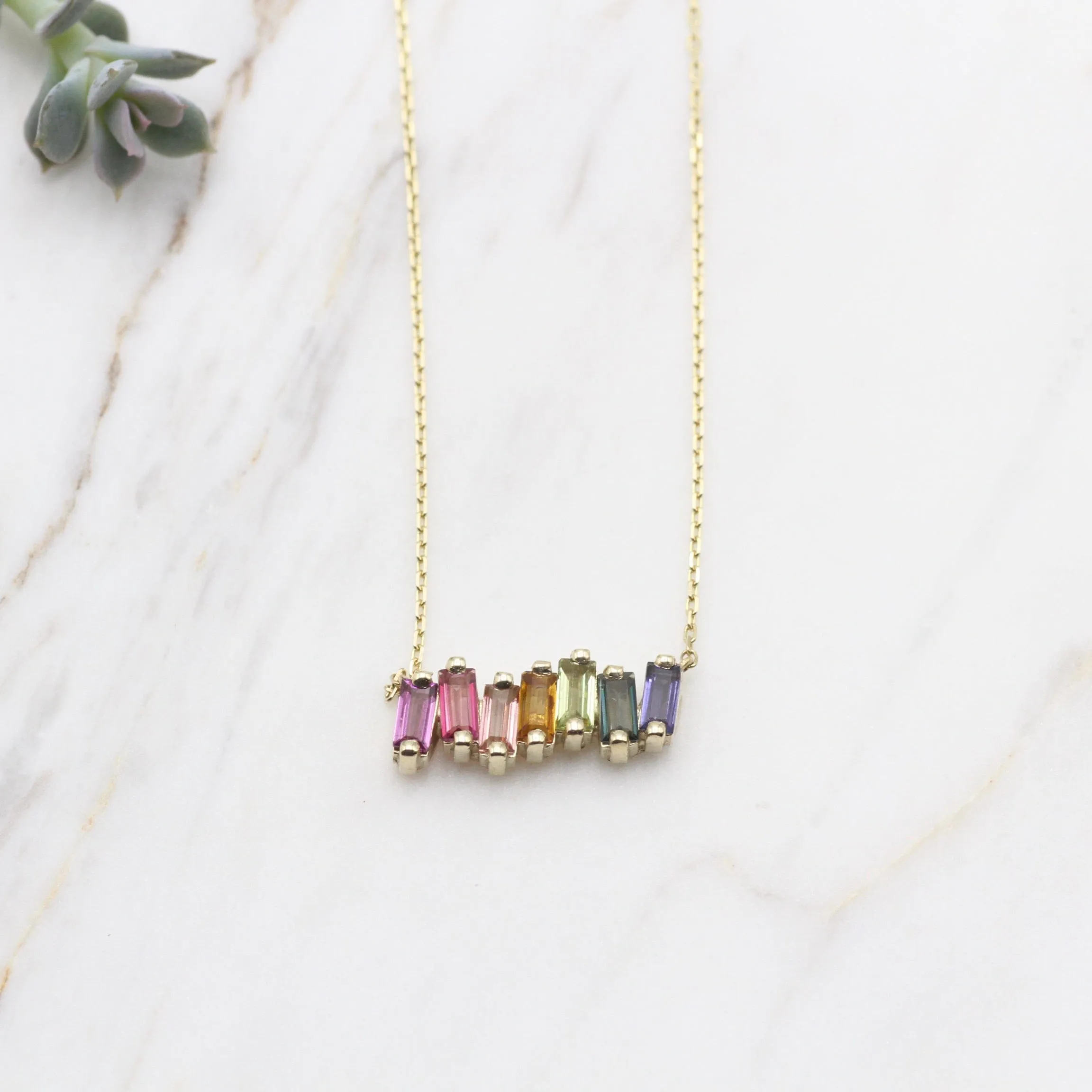 14k Gold Rainbow Baguette Bar Necklace