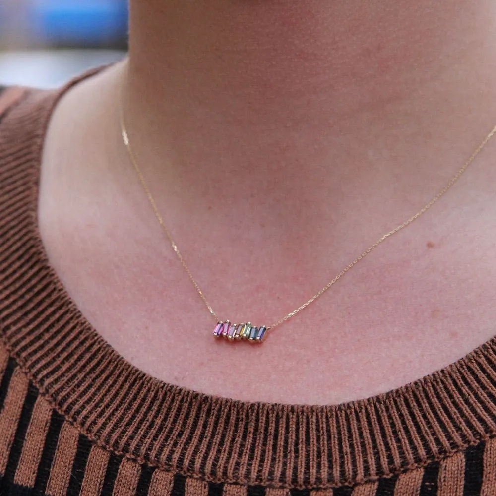 14k Gold Rainbow Baguette Bar Necklace