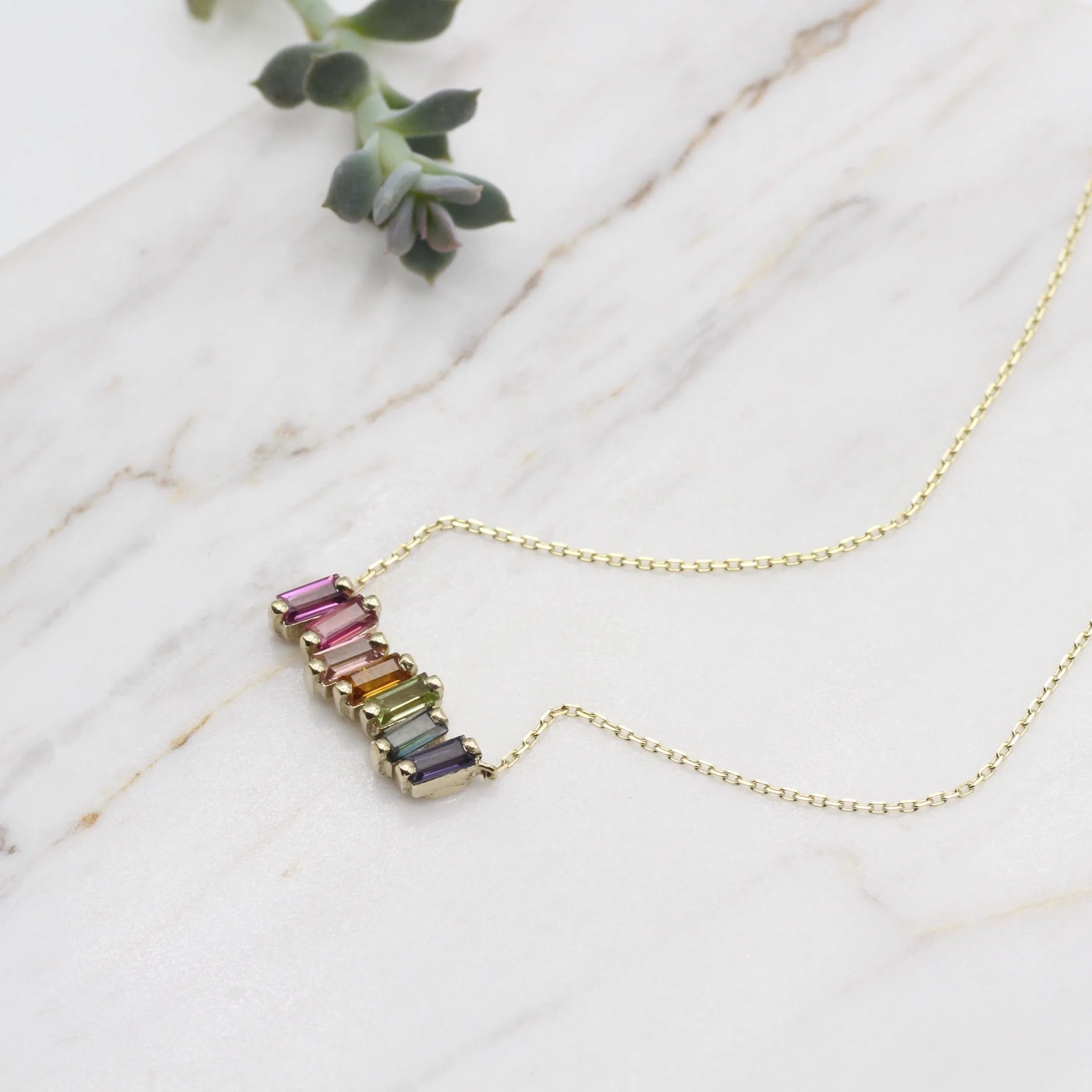 14k Gold Rainbow Baguette Bar Necklace