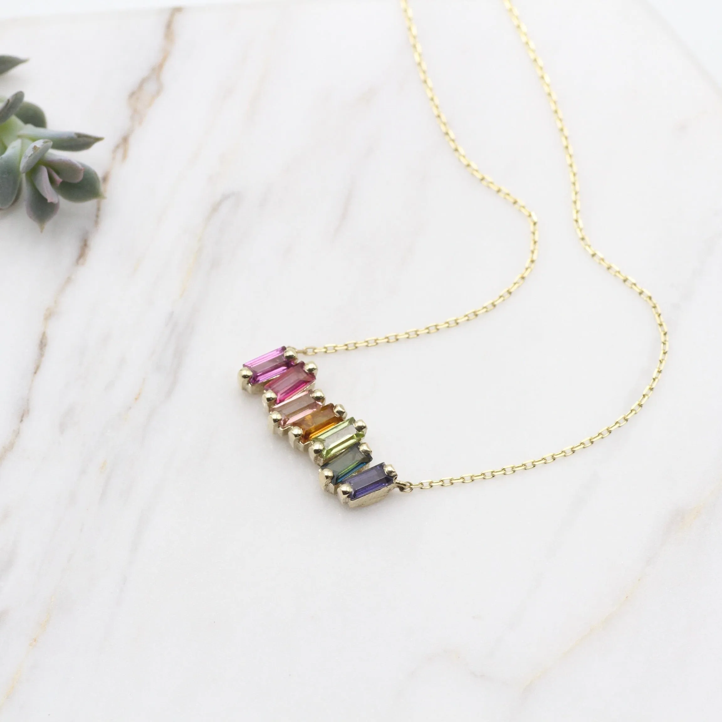 14k Gold Rainbow Baguette Bar Necklace