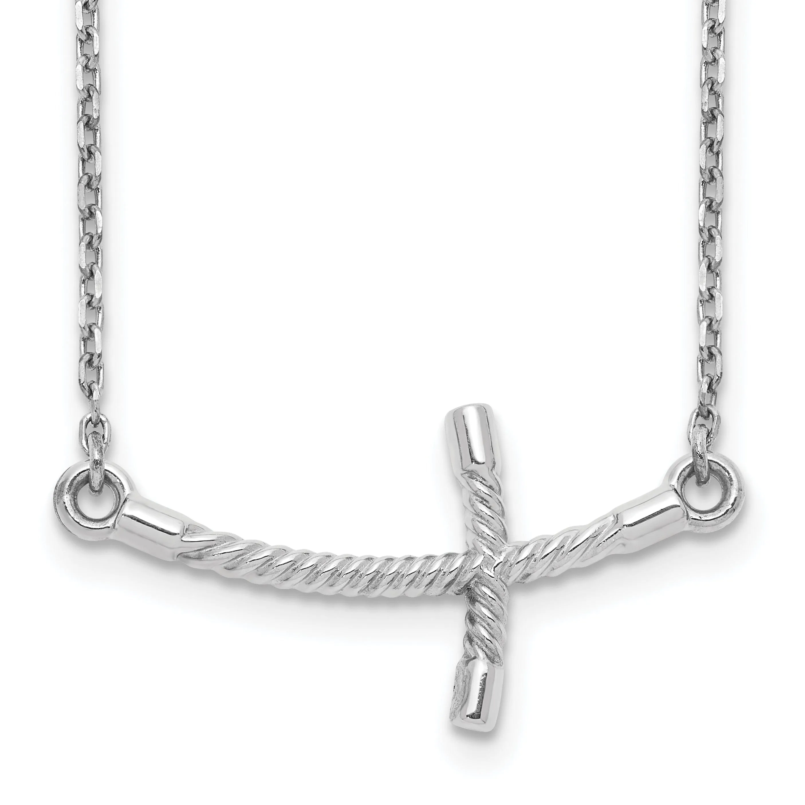 14k White Gold Polished Finish Large Size Sideways Curved Twist Design Cross Pendant in a 19-Inch Cable Chain Necklace Set