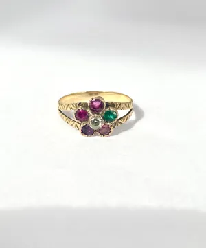 15ct Gold, Antique Victorian 'Regard' Acrostic, Multigem Flower Ring