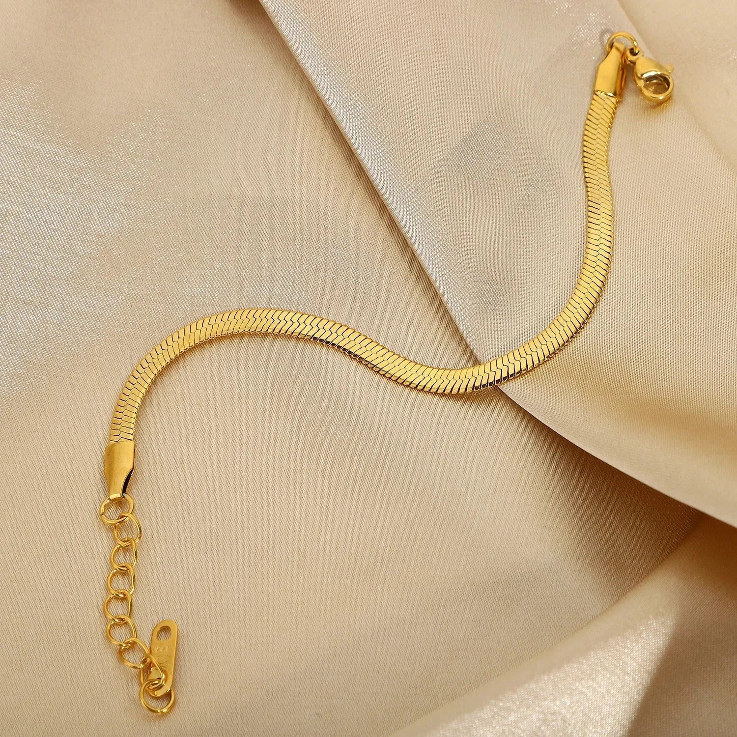 3mm Width Herringbone Snake Chain Bracelet - Gold