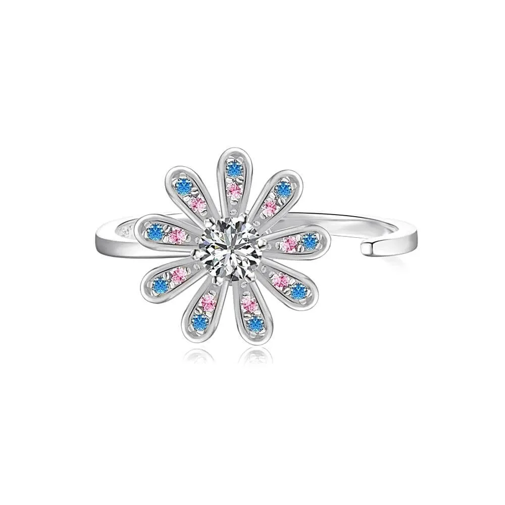 925 Silver Pink Blue Flower CZ Diamond Toi et Moi Ring