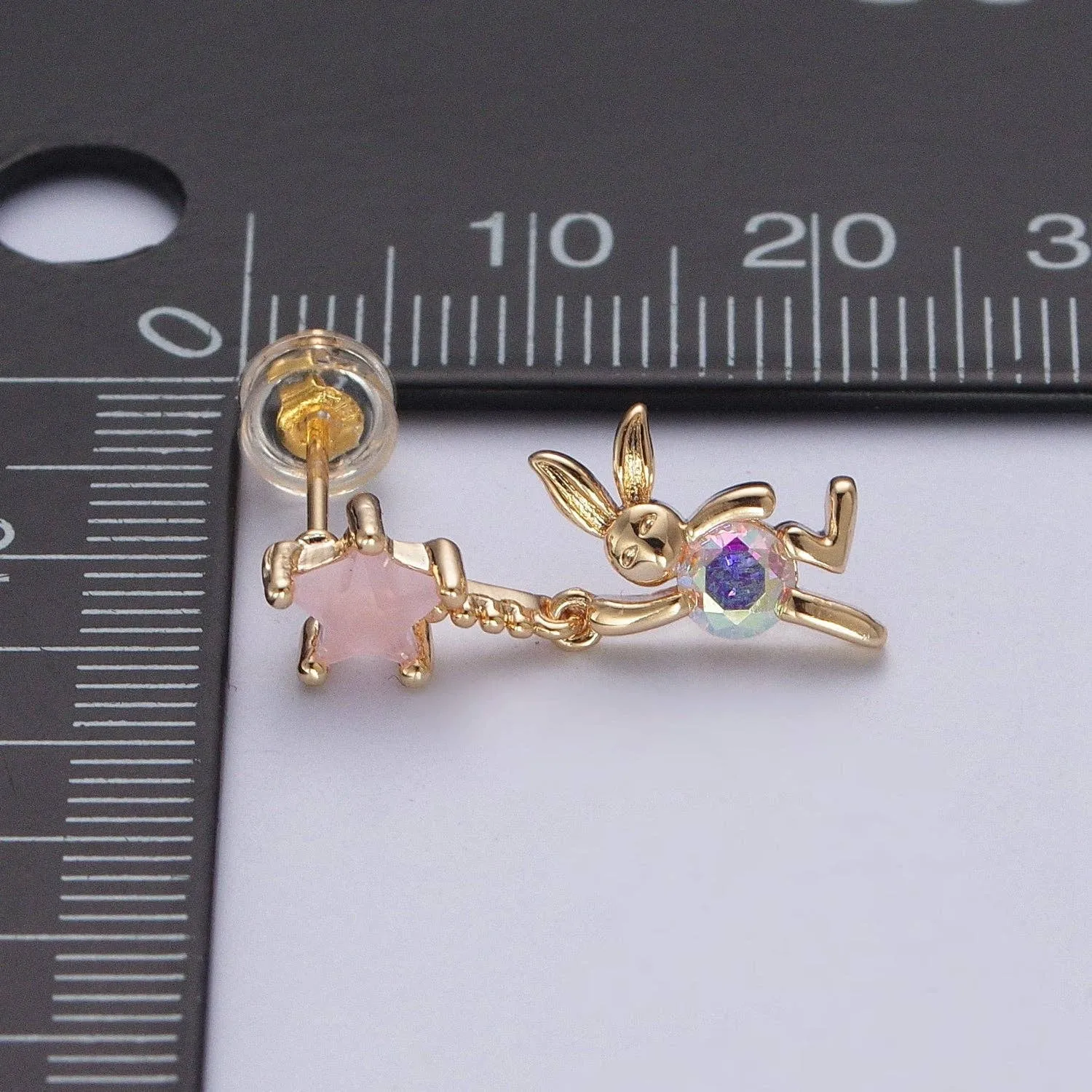 Aim Eternal -CZ Pink Star Studs Earrings W. Rabbit Charm