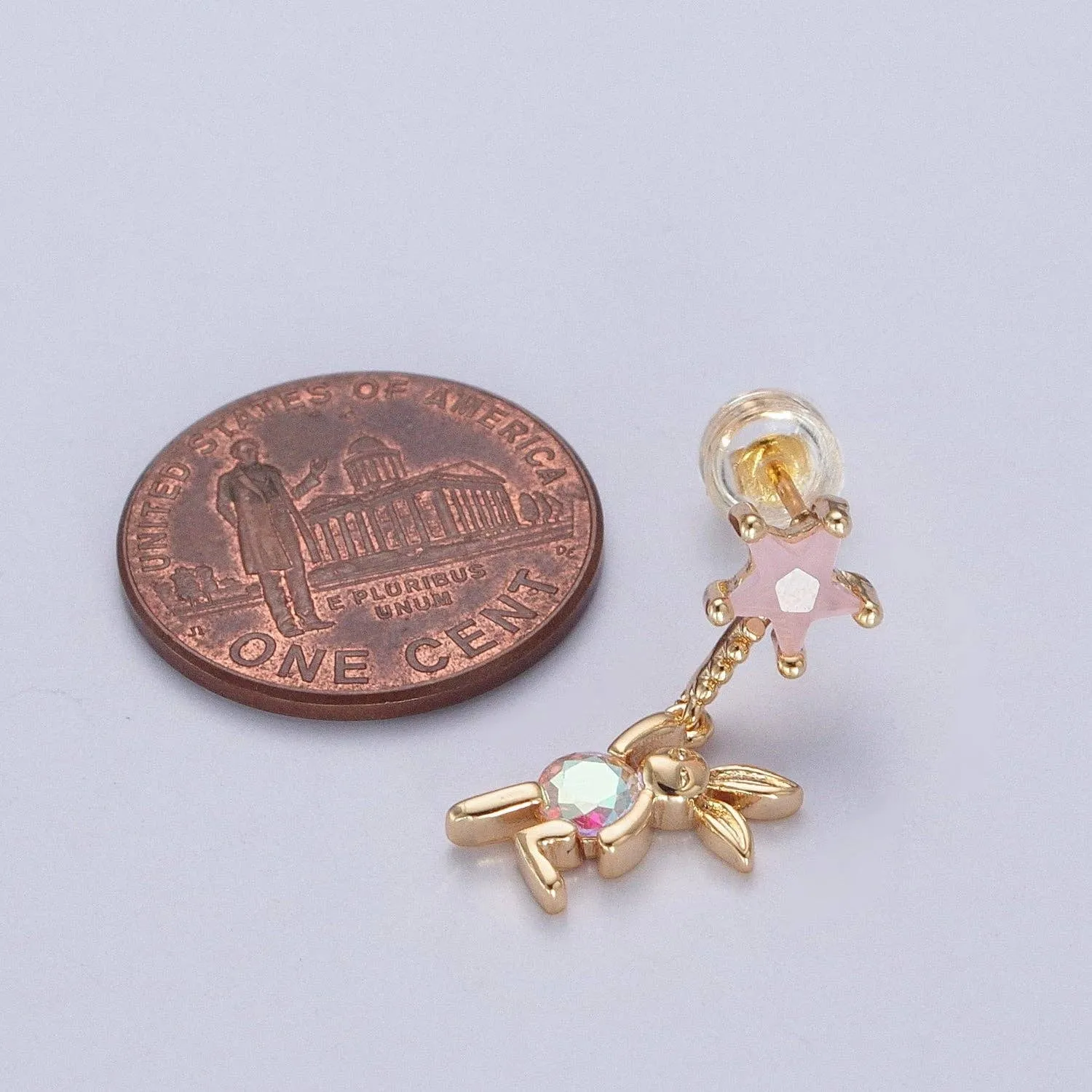 Aim Eternal -CZ Pink Star Studs Earrings W. Rabbit Charm