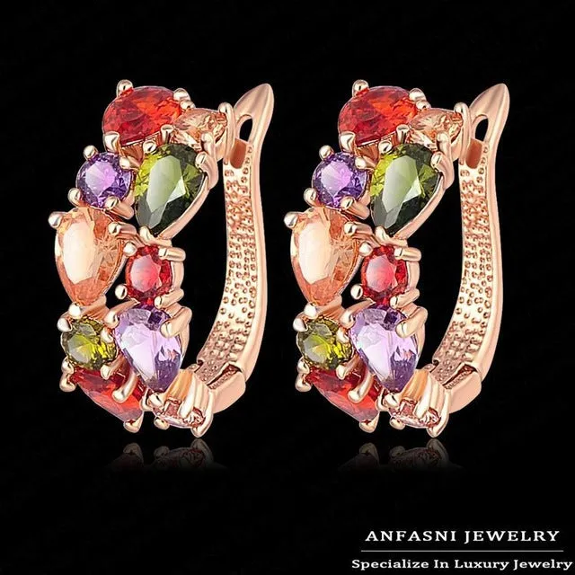 ANFASNI 2016 Fashion Brilliant MultiColor Flower Earrings Rose Gold Plt Cubic Zircon Earring Wedding For Women CER0143