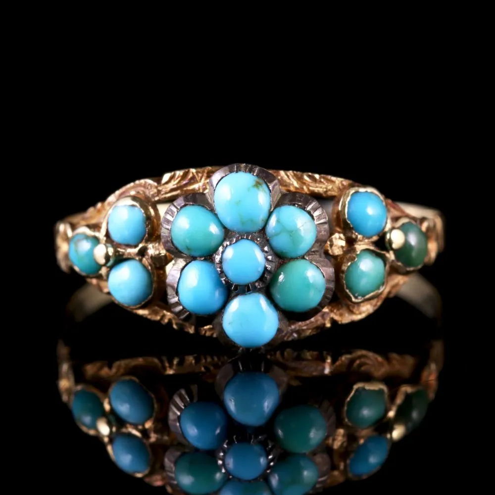 Antique Georgian Turquoise Cluster Flower Ring Gold Circa 1810