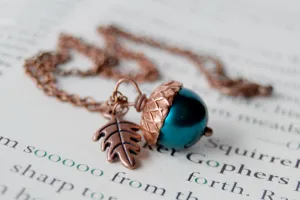 Aqua and Copper Pearl Acorn Necklace | Something Blue Necklace | Woodland Wedding Jewelry