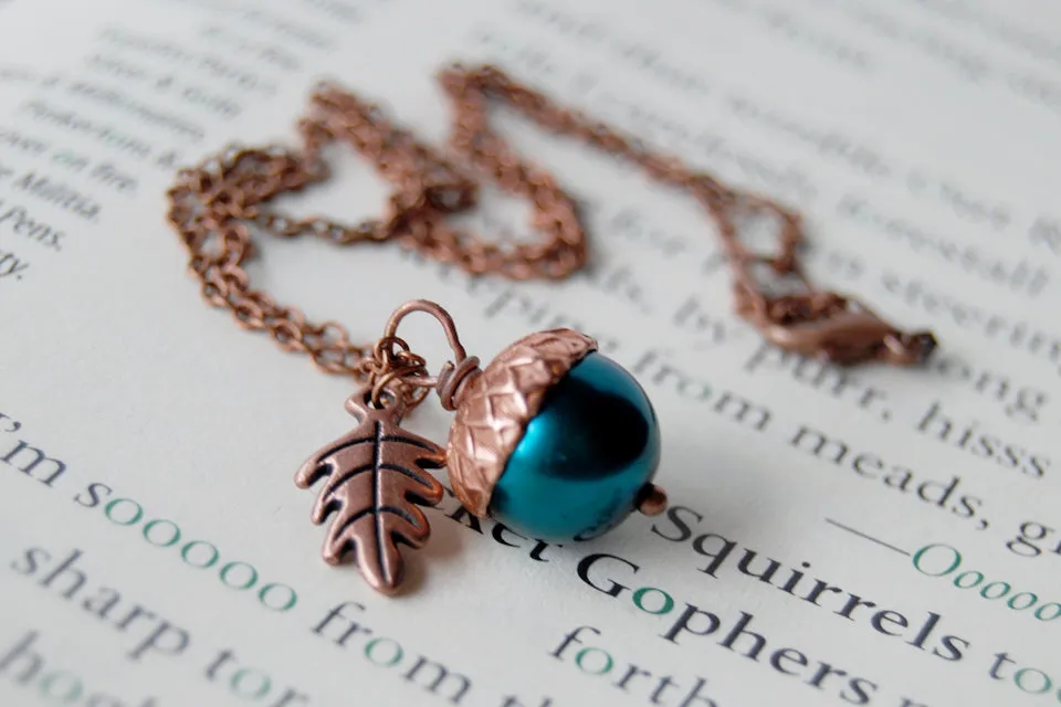 Aqua and Copper Pearl Acorn Necklace | Something Blue Necklace | Woodland Wedding Jewelry