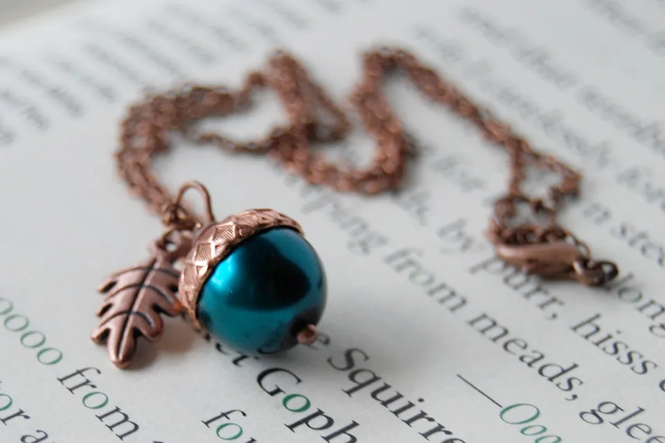 Aqua and Copper Pearl Acorn Necklace | Something Blue Necklace | Woodland Wedding Jewelry