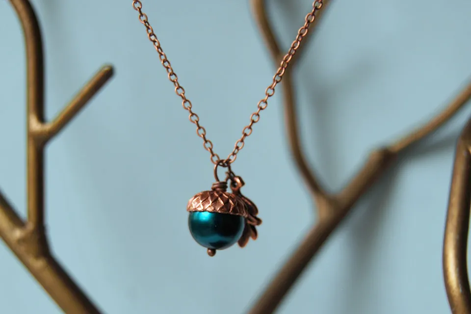 Aqua and Copper Pearl Acorn Necklace | Something Blue Necklace | Woodland Wedding Jewelry