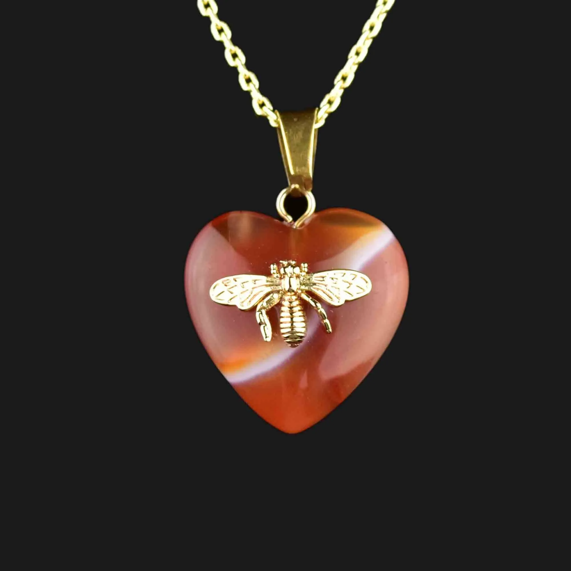 Art Deco Style Gilt Bee Banded Agate Heart Necklace