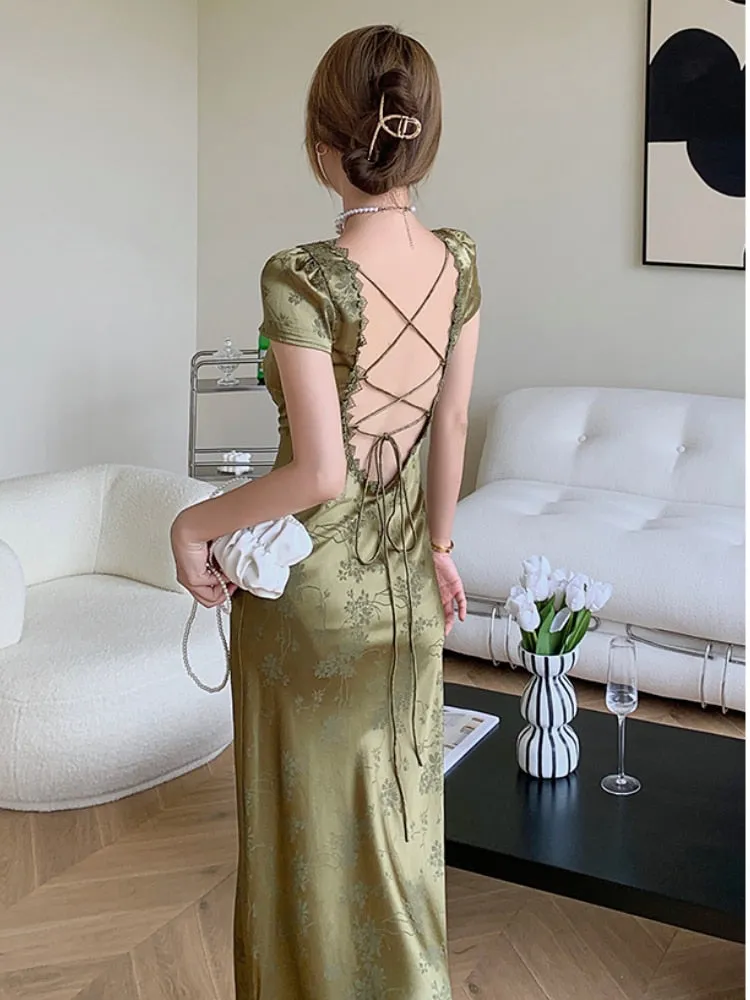 Back to school Deanwangkt Elegant Women Green Satin Backless Mixi Dress Palace Short Sleeve Lace V-Neck Bandage Vintage Bodycon Dress Robe Summer Vestidos fx0620