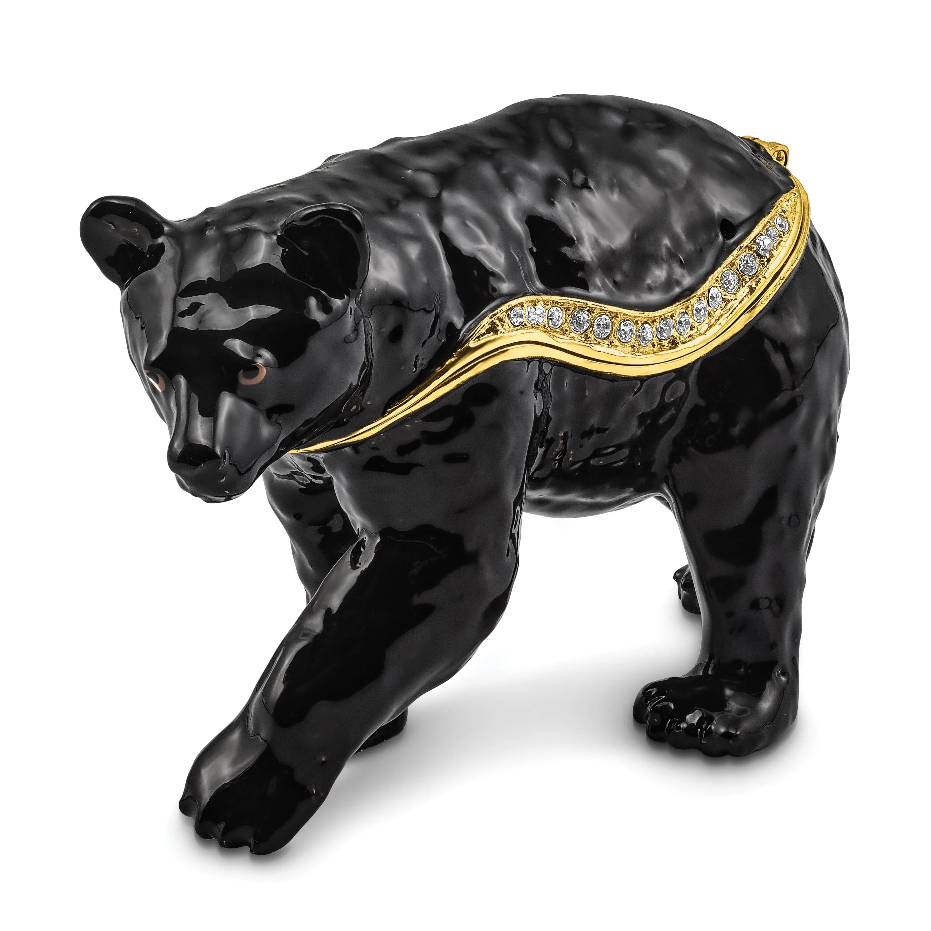 Bejeweled Black Color Enamel SMOKEY Walking Black Bear Trinket Box