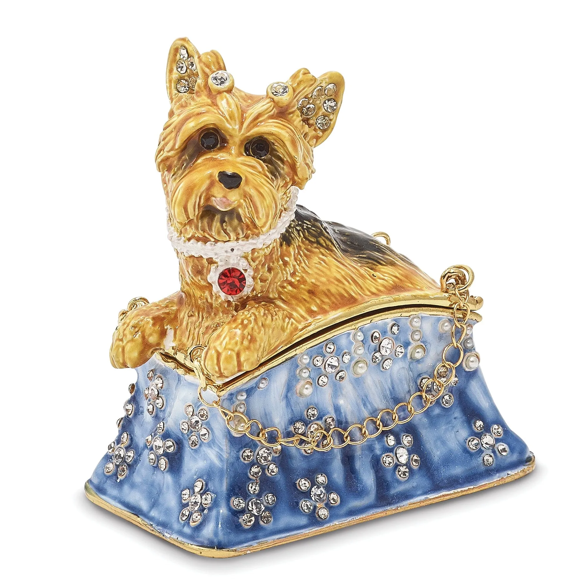 Bejeweled Multi Color TWINKLES York Shire Terrier in Tote Trinket Box