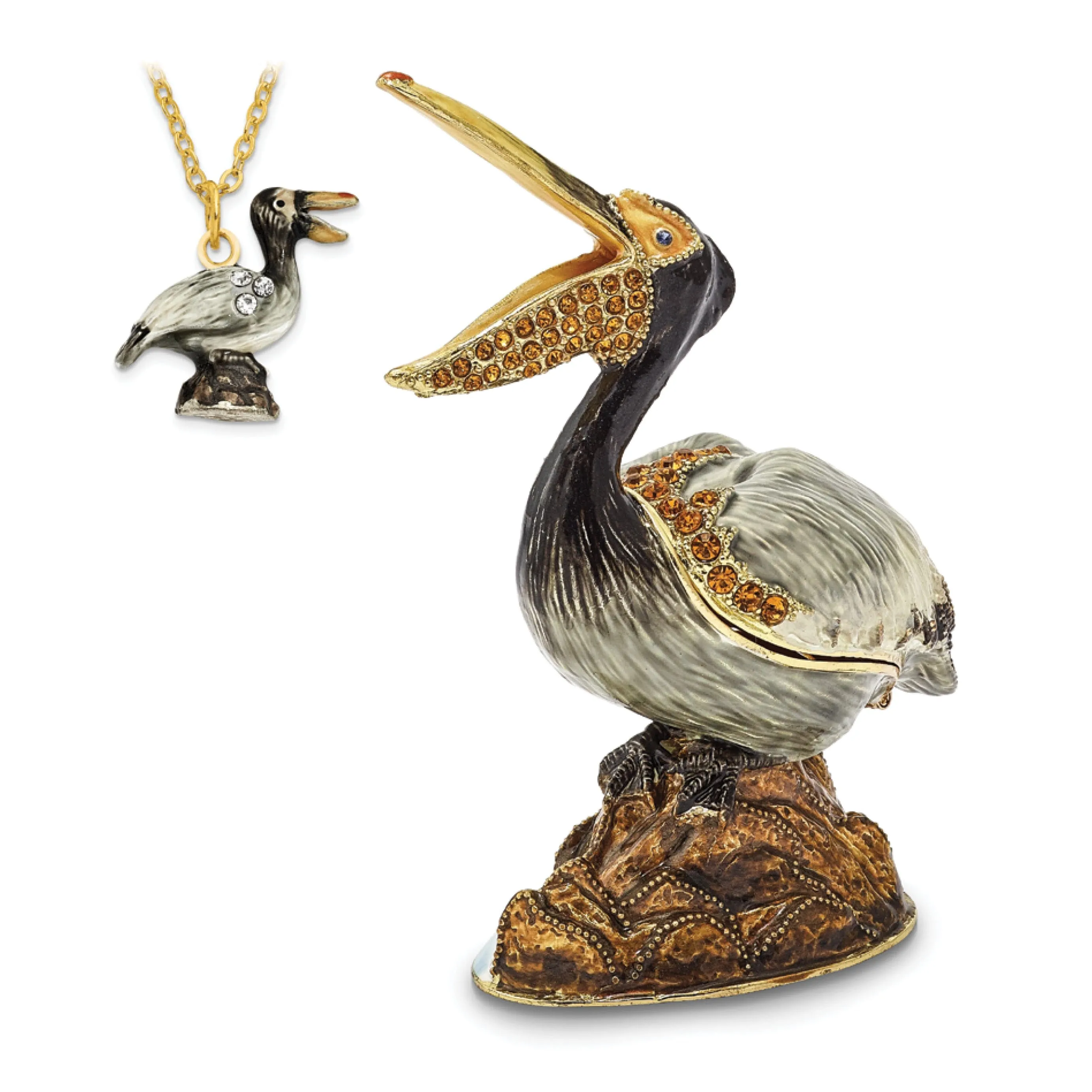 Bejeweled Pewter Multi Color Enamel PATSY Pelican on Rocks Trinket Box