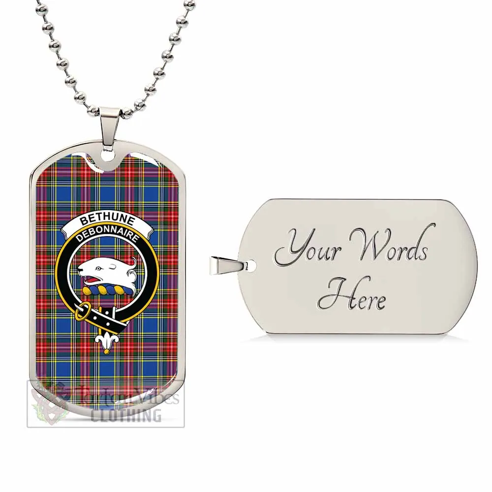 Bethune Tartan Dog Tag Necklace with Family Crest