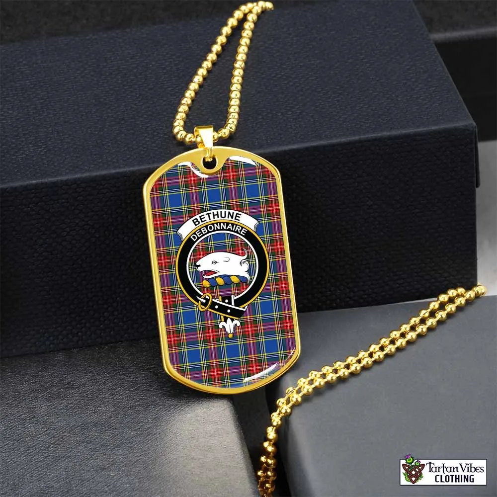 Bethune Tartan Dog Tag Necklace with Family Crest