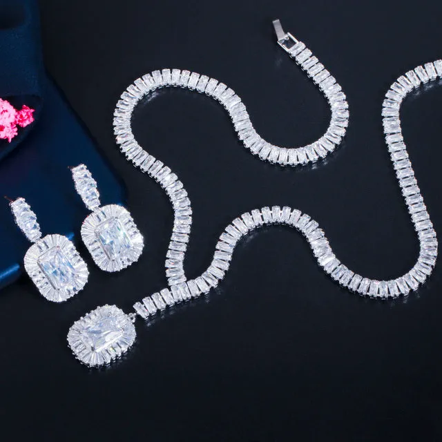 Bling Square Cubic Zircon Necklace and Earrings Bridal Jewelry or Quinceanera