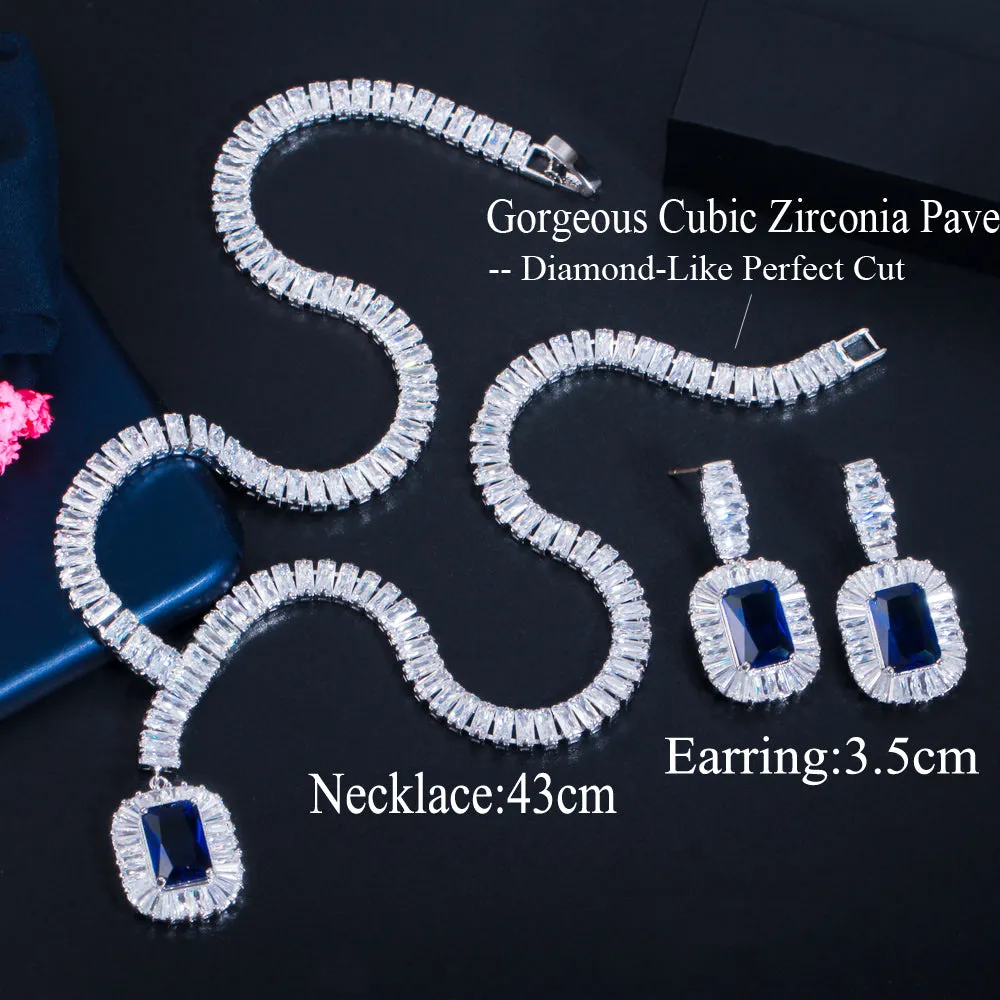 Bling Square Cubic Zircon Necklace and Earrings Bridal Jewelry or Quinceanera