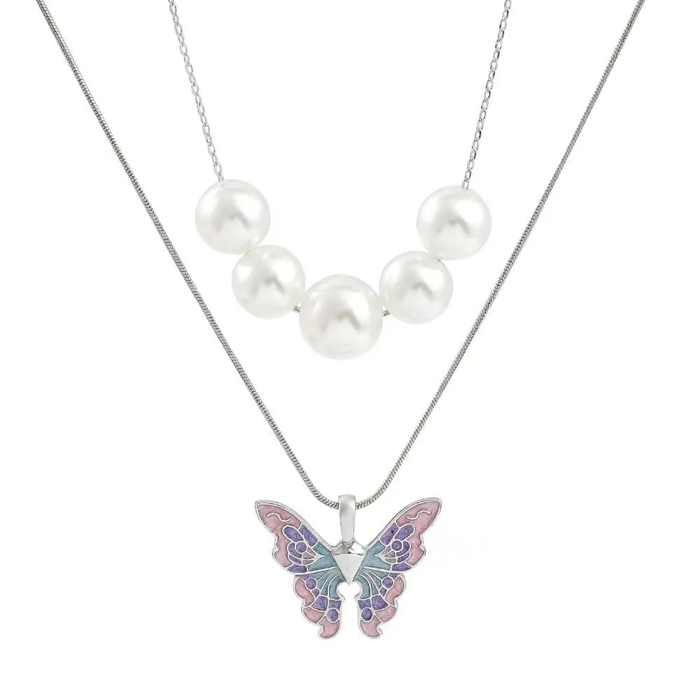 Butterfly Necklace Pearl Double Strand