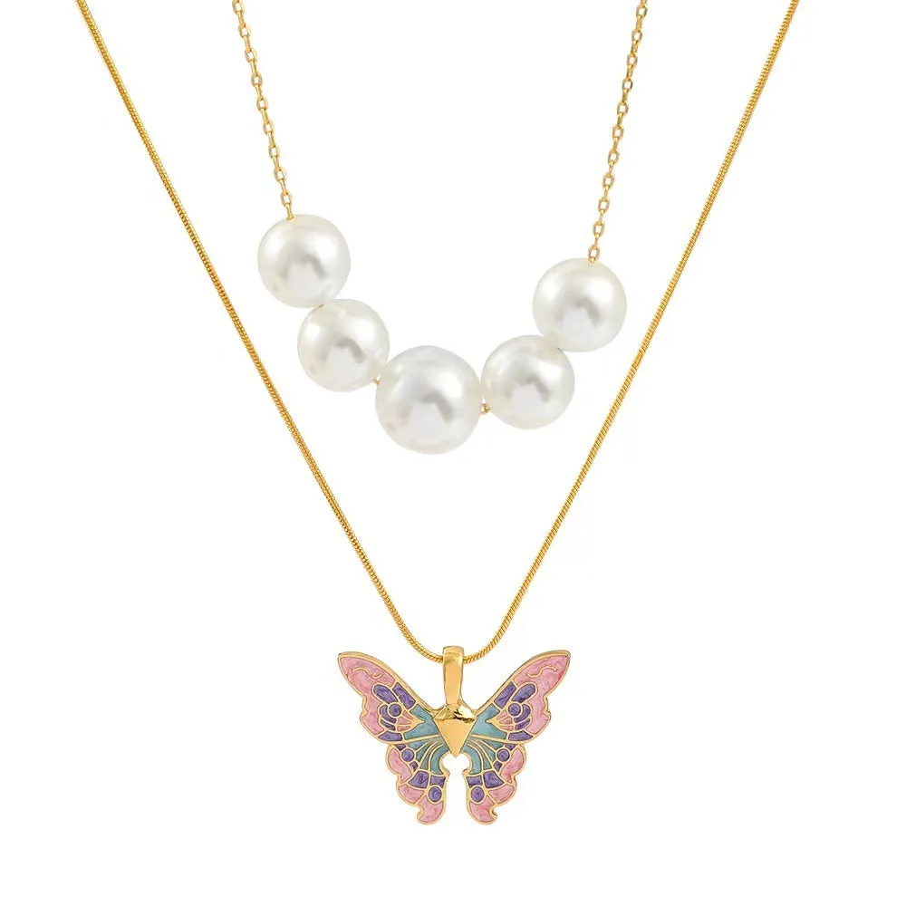 Butterfly Necklace Pearl Double Strand