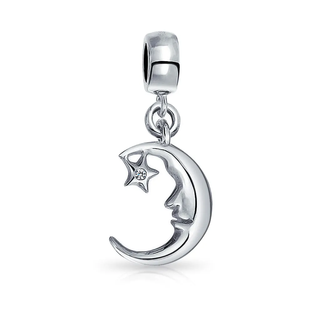 Celestial Sparkling CZ Crescent Moon Star Charm Bead Sterling Silver