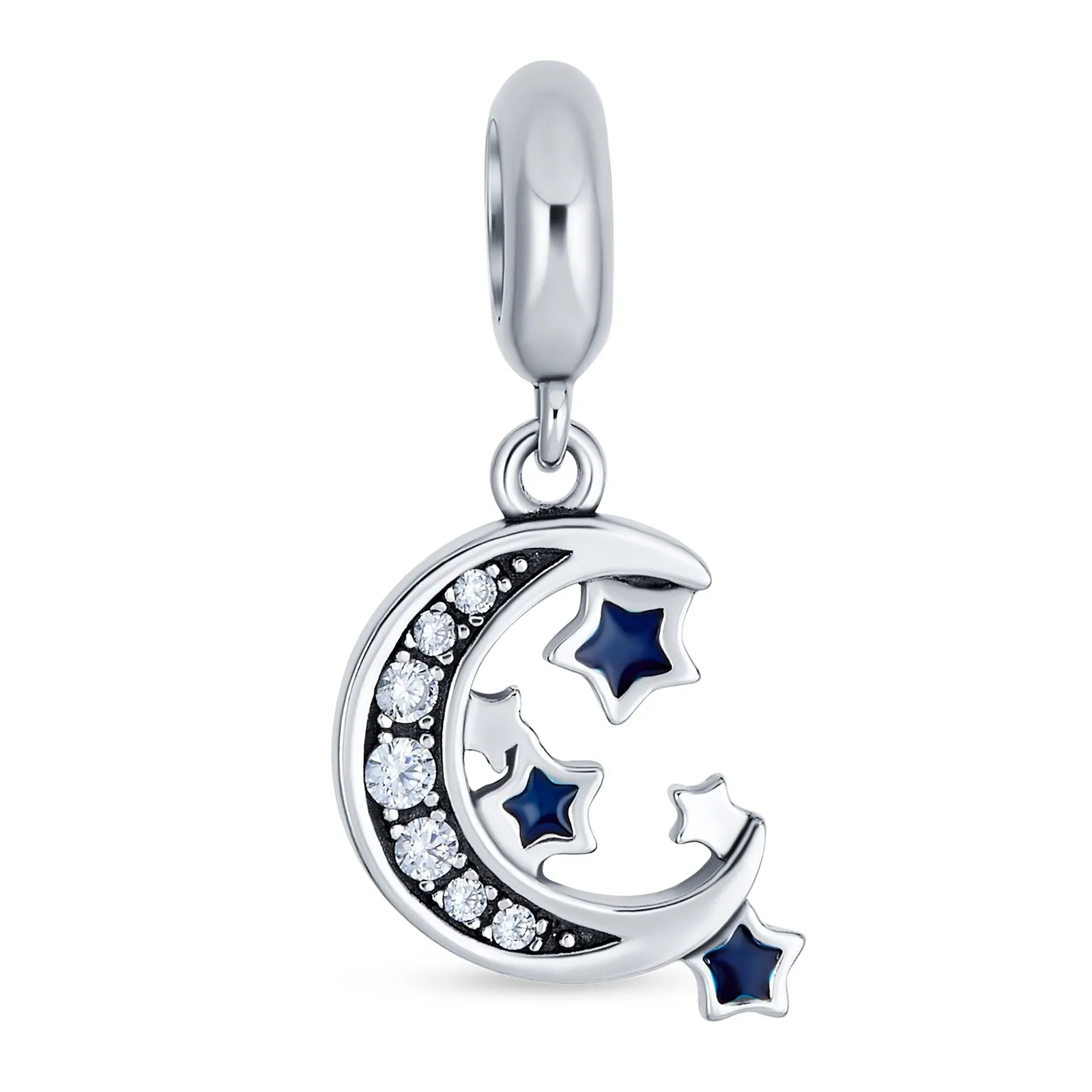 Celestial Sparkling CZ Crescent Moon Star Charm Bead Sterling Silver