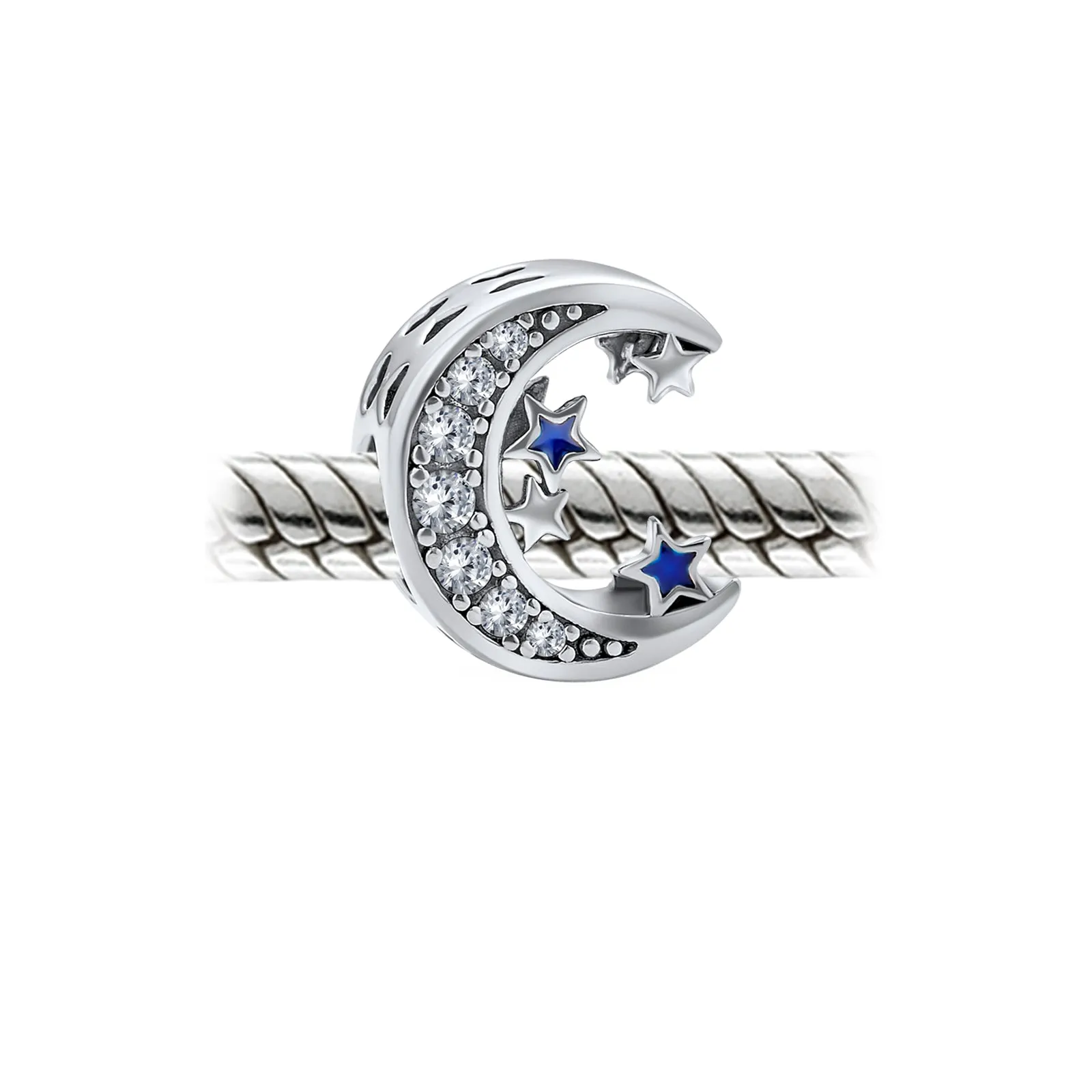 Celestial Sparkling CZ Crescent Moon Star Charm Bead Sterling Silver