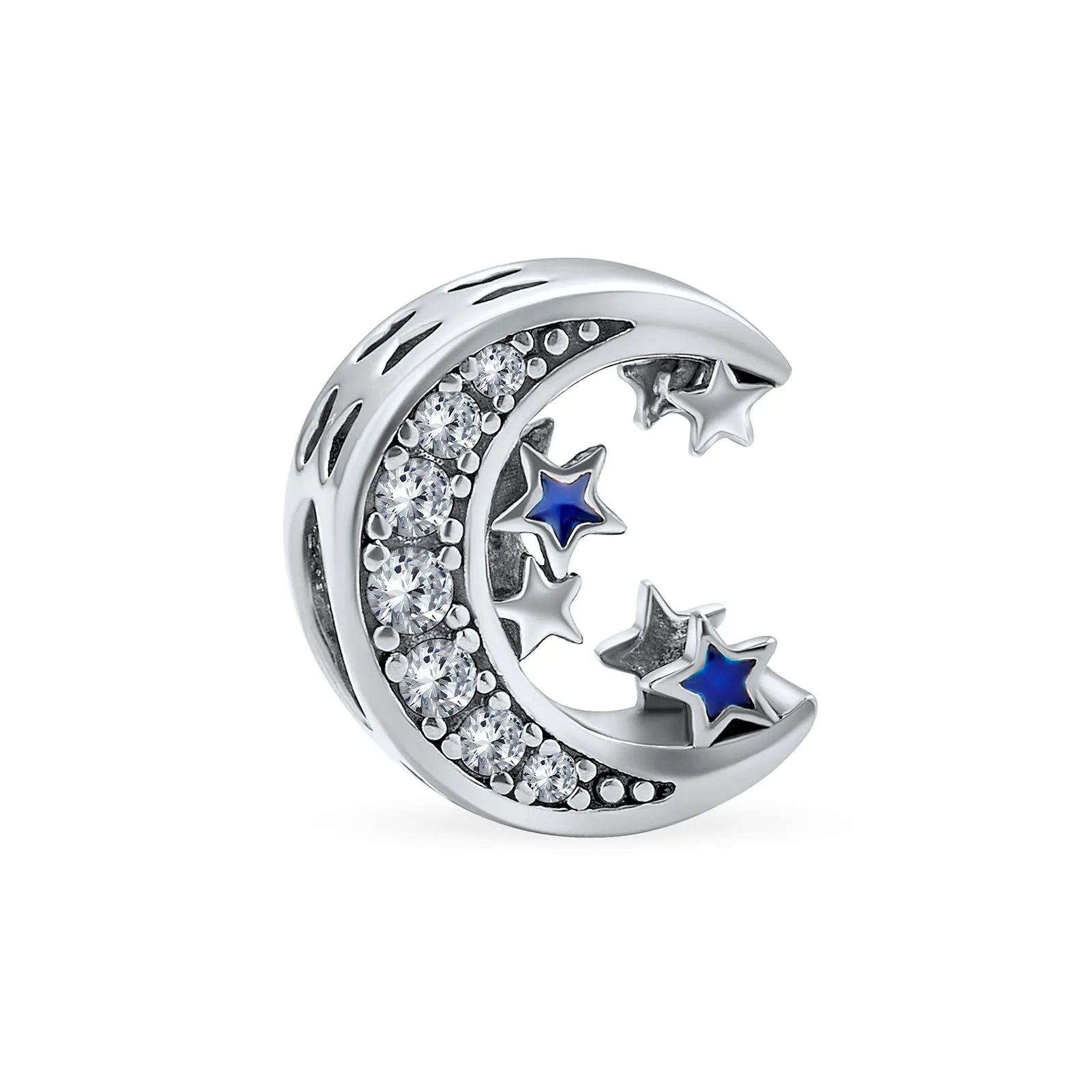 Celestial Sparkling CZ Crescent Moon Star Charm Bead Sterling Silver