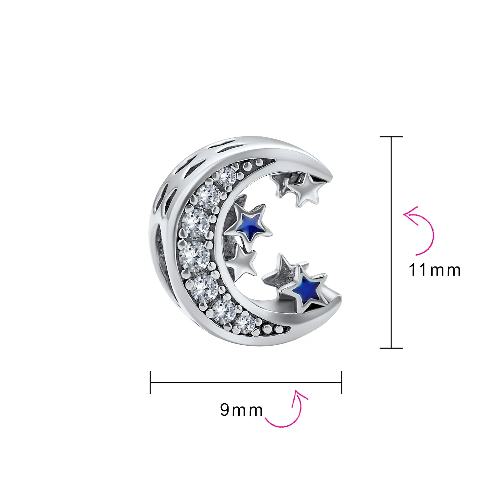 Celestial Sparkling CZ Crescent Moon Star Charm Bead Sterling Silver