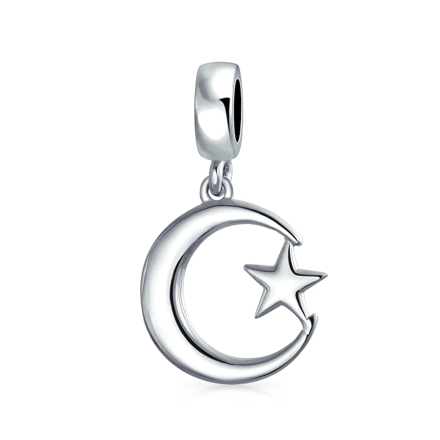 Celestial Sparkling CZ Crescent Moon Star Charm Bead Sterling Silver