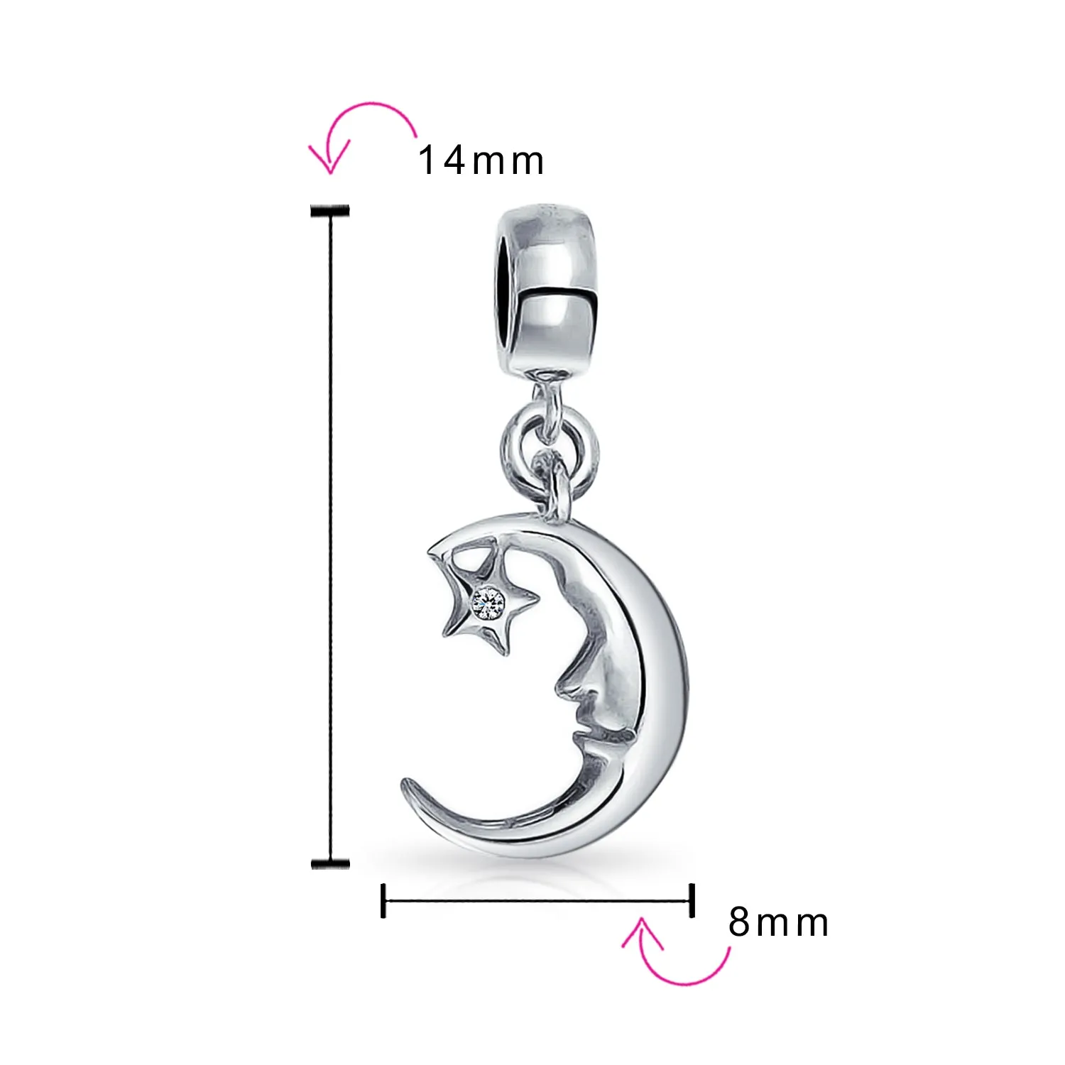 Celestial Sparkling CZ Crescent Moon Star Charm Bead Sterling Silver