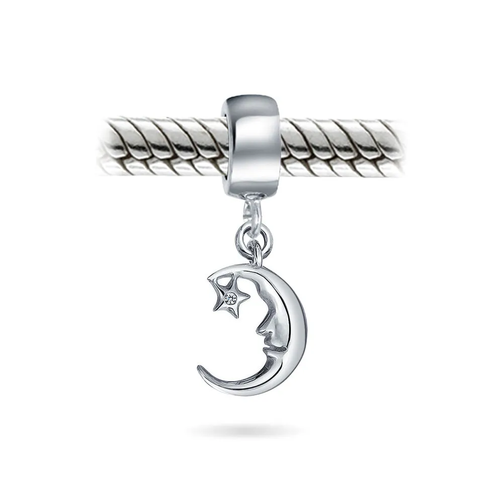 Celestial Sparkling CZ Crescent Moon Star Charm Bead Sterling Silver