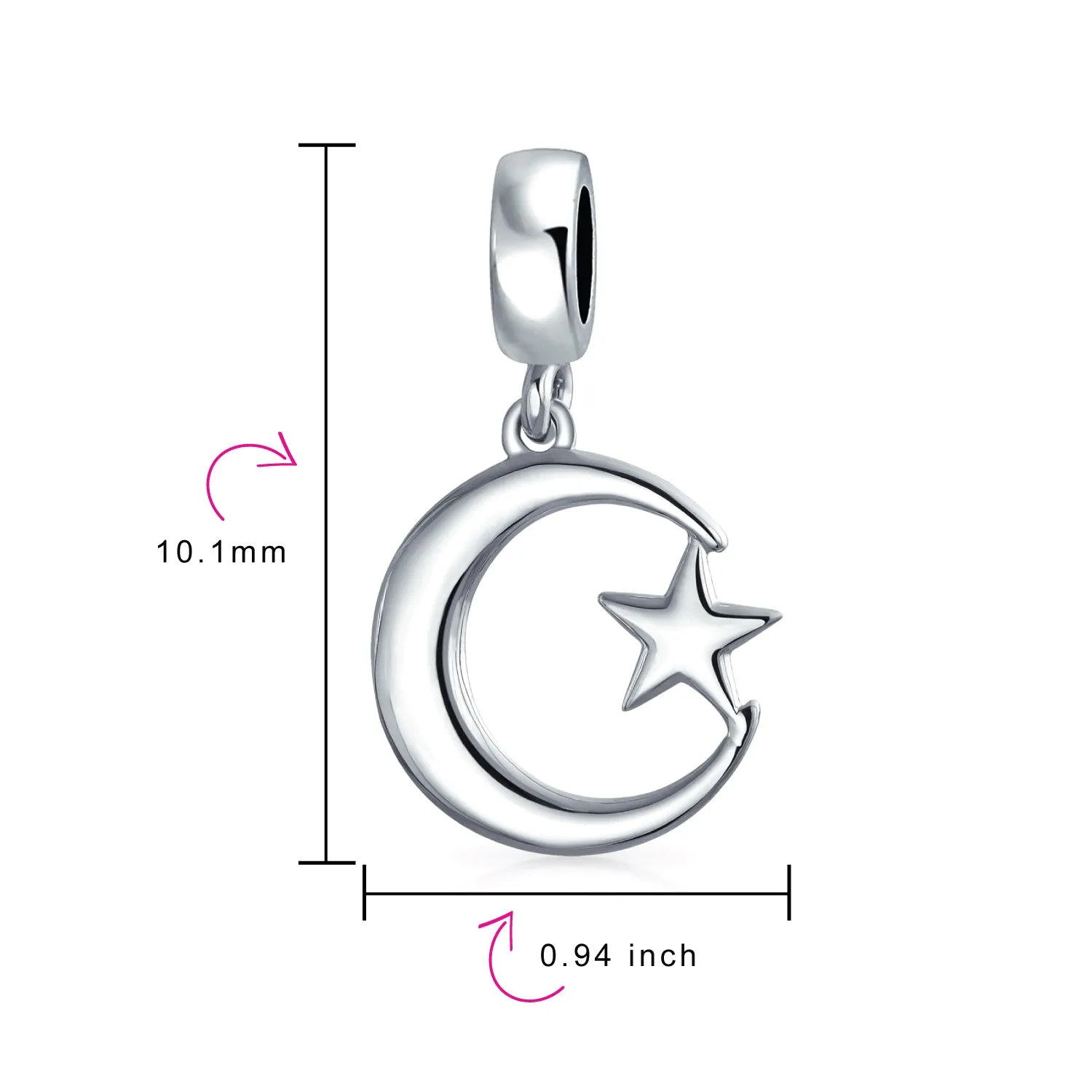 Celestial Sparkling CZ Crescent Moon Star Charm Bead Sterling Silver