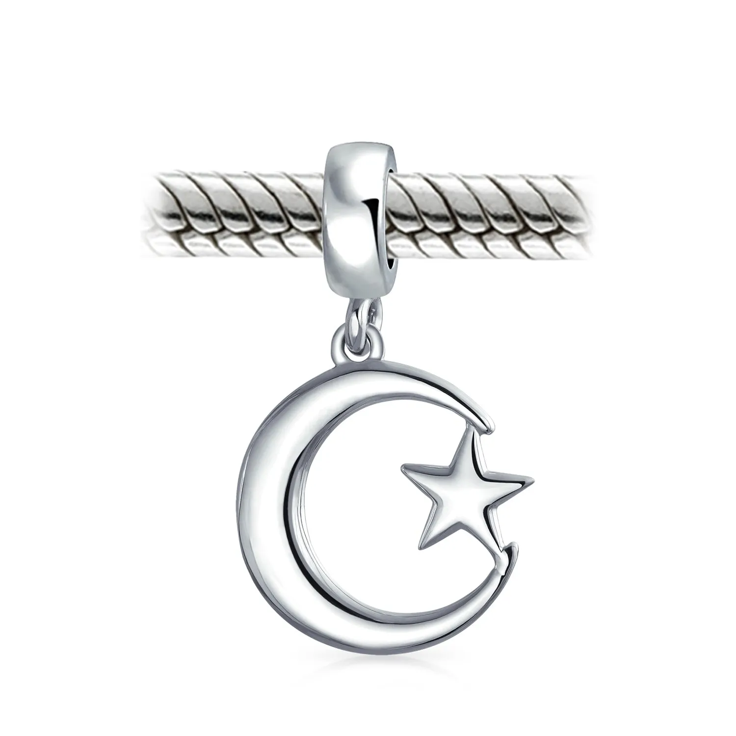 Celestial Sparkling CZ Crescent Moon Star Charm Bead Sterling Silver