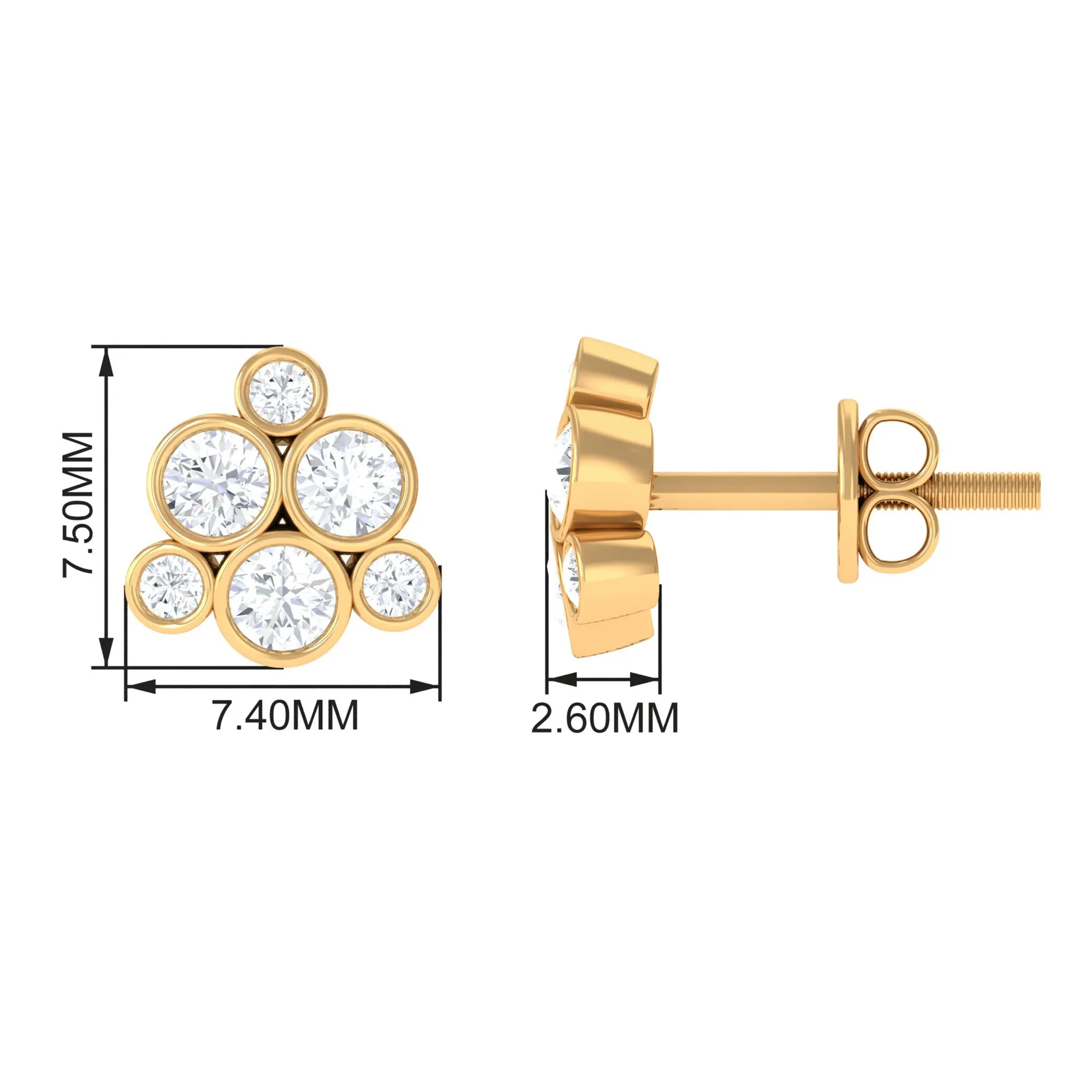 Certified Zircon Cluster Stud Earrings in Bezel Setting