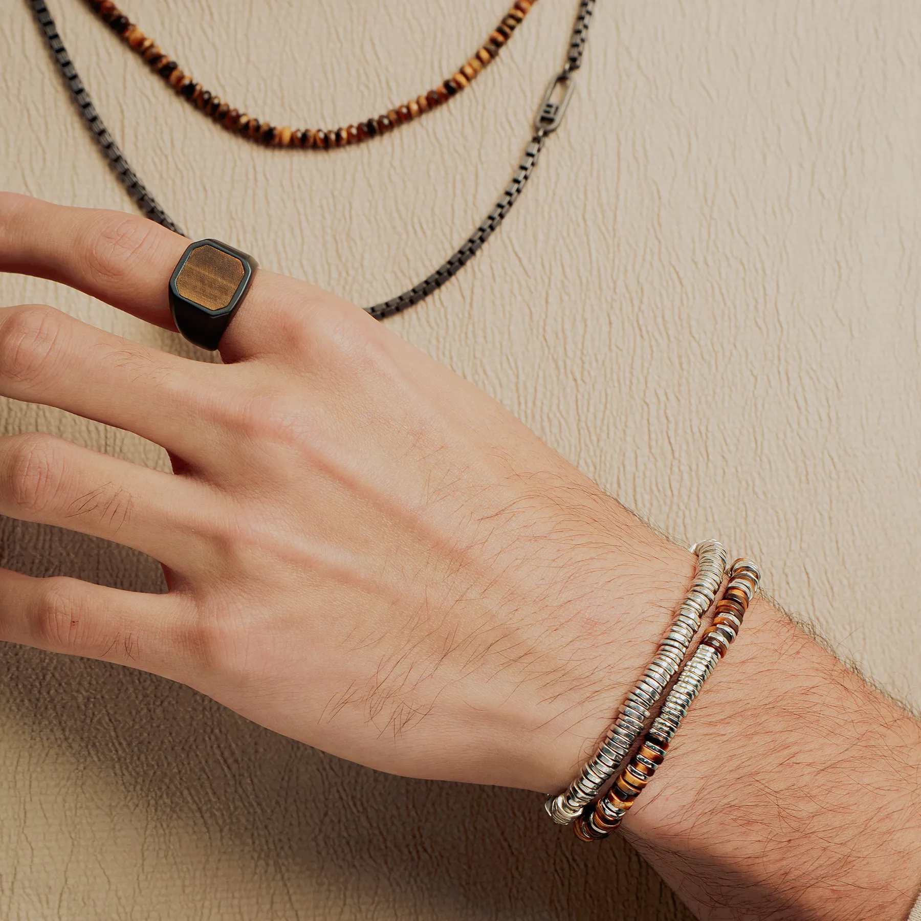 Constellation Beaded Bracelet in Rhodium Plated Silver with Tiger Eye