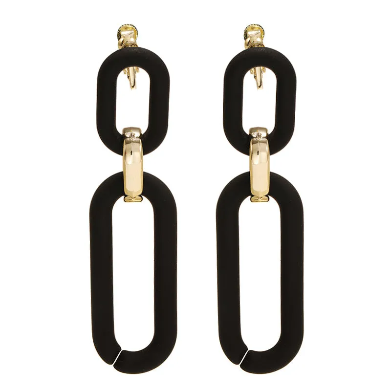 Dangle Black Double Hoop Screw-Back Clip On Earrings