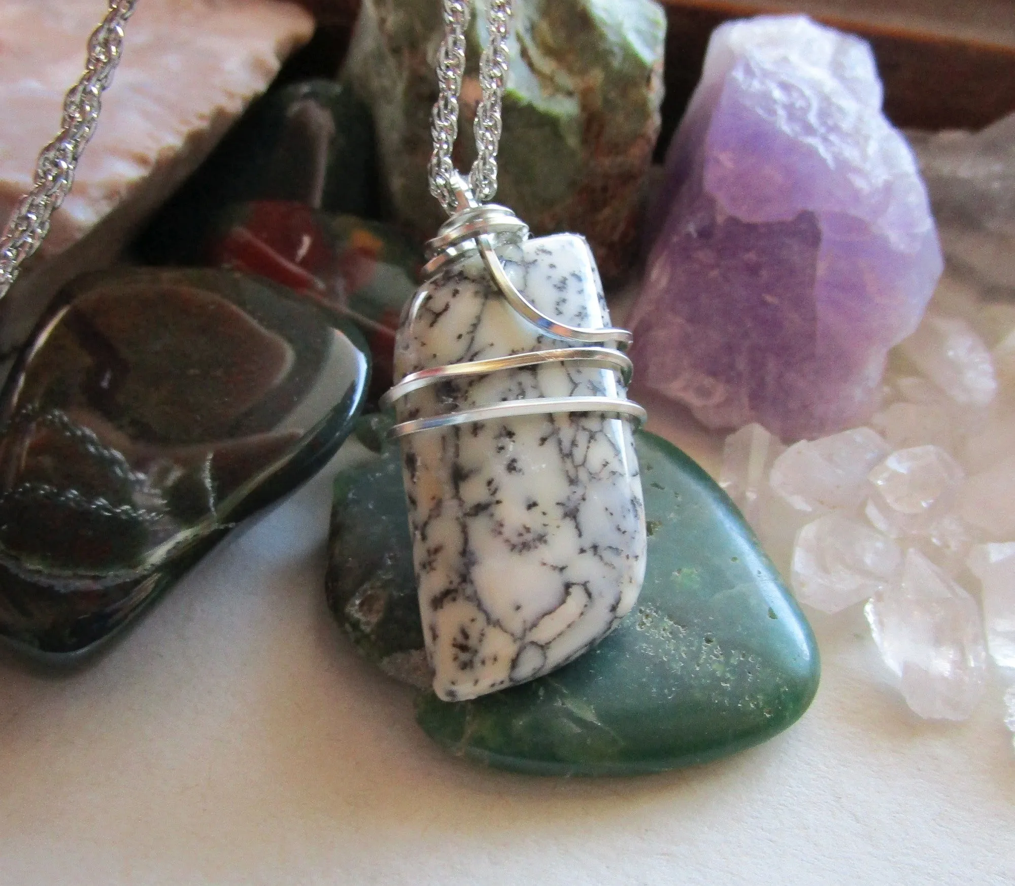 Dendrite Agate Natural Wire Wrapped Crystal Pendant Necklace