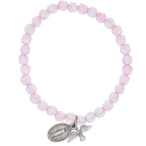 Elastic Plastic Crystal Like Beads Bracelet with Miraculous Medal and Dove (5mm Beads)