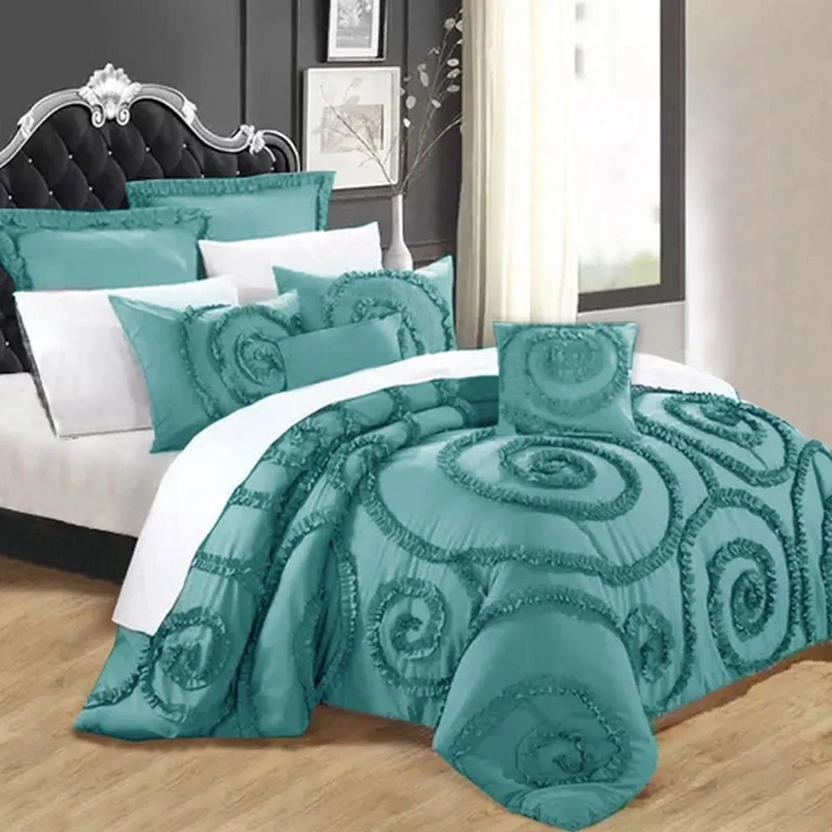 Floral Ruffled Teal 7 Pcs Deluxe Comforter Set King