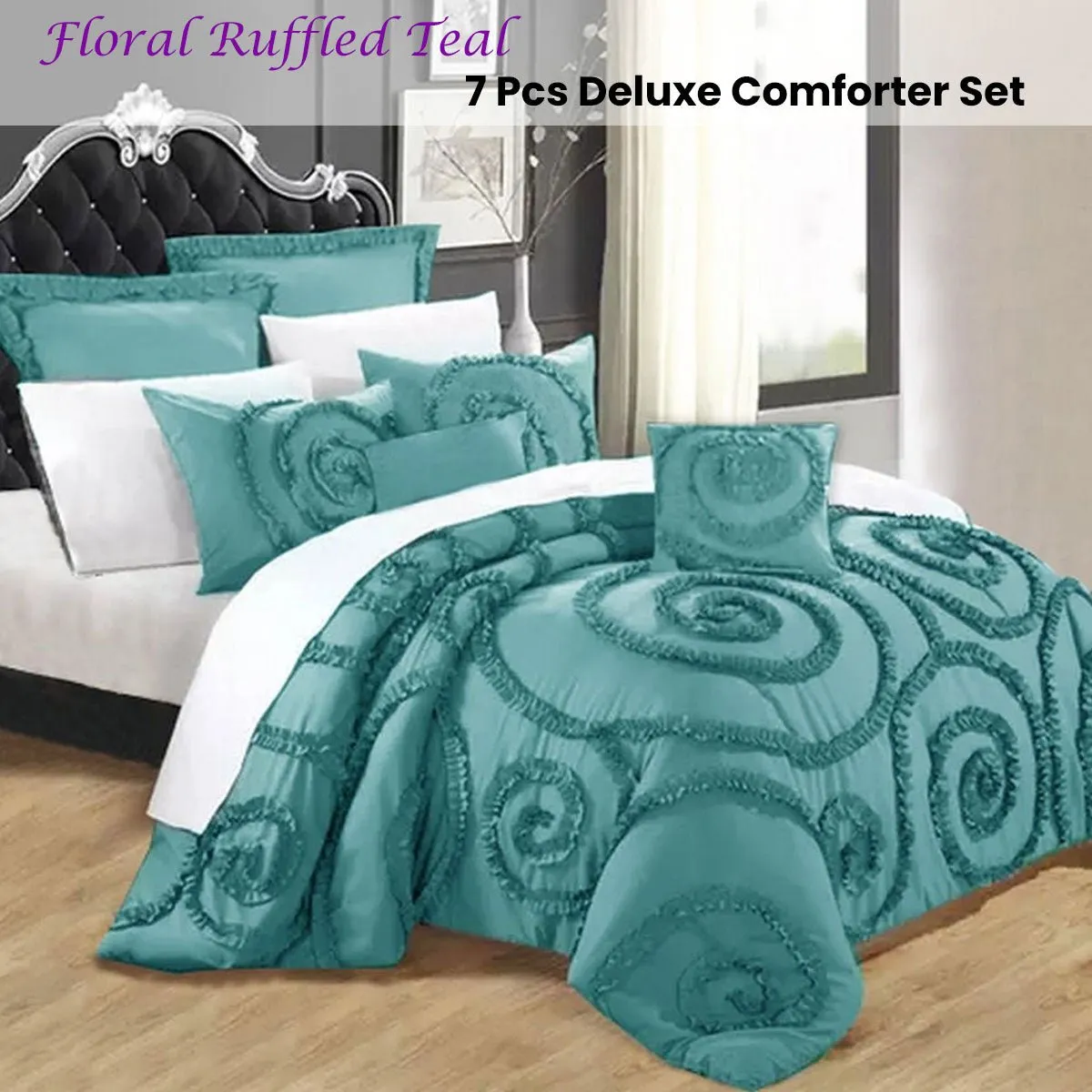 Floral Ruffled Teal 7 Pcs Deluxe Comforter Set King