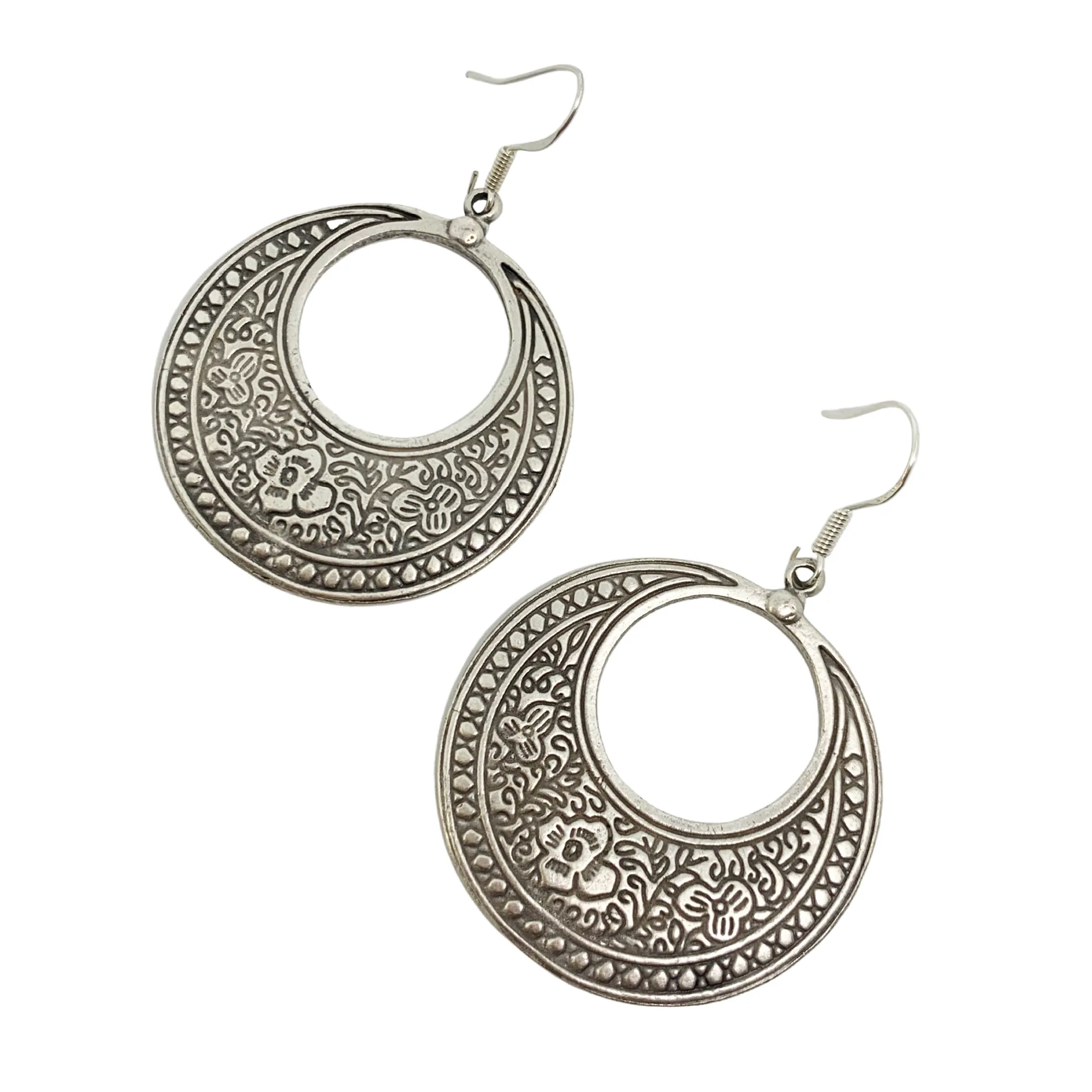 Flower detailed, silver metal hoop style earrings, jewelry