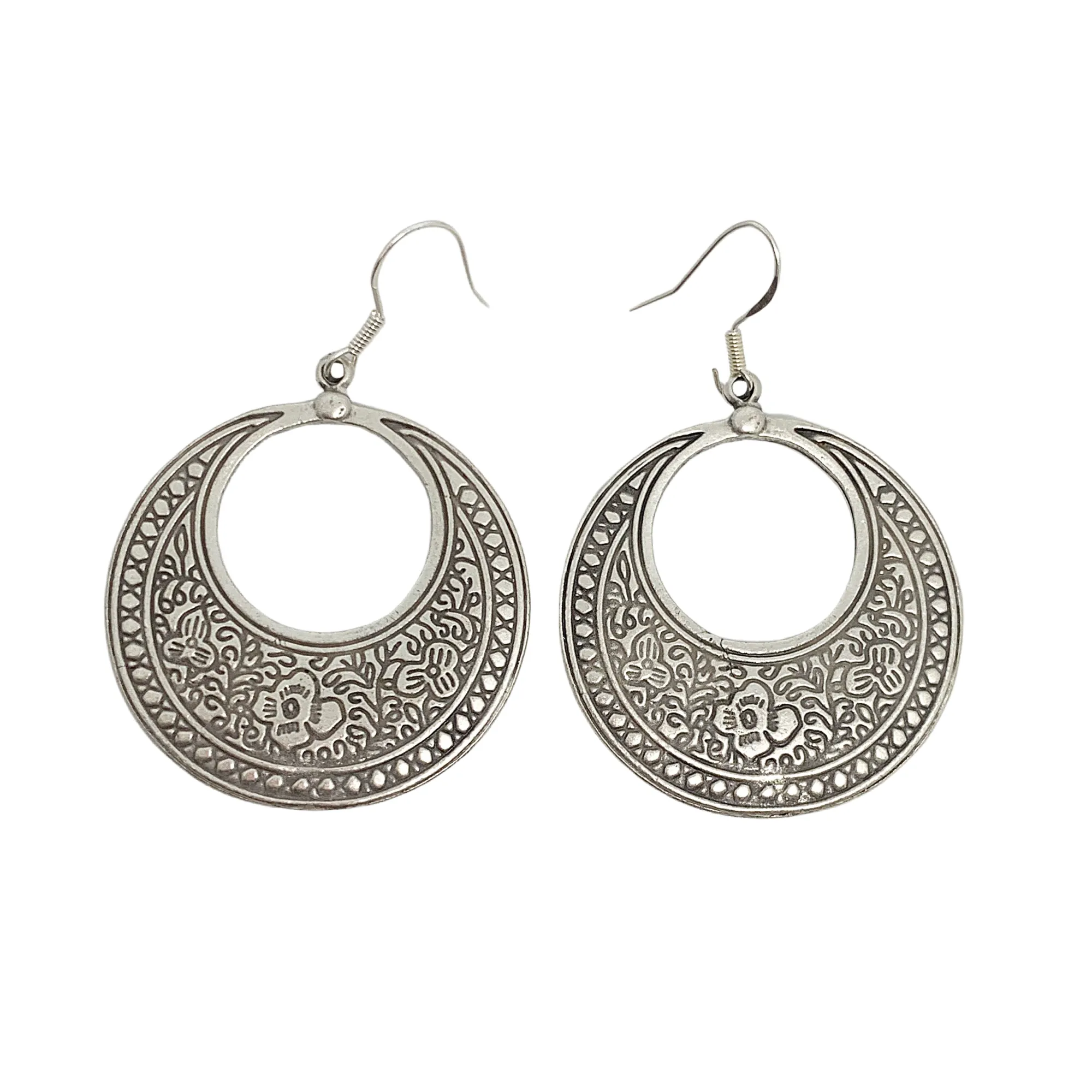 Flower detailed, silver metal hoop style earrings, jewelry