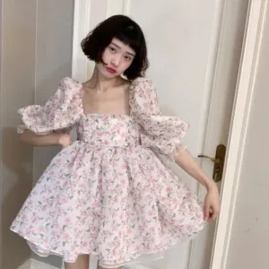 Girlary French Vintage Square Neck Dress Women Puff Sleeve Organza Princess Vestidos Short Poached Spring Palace Mini Dress Women