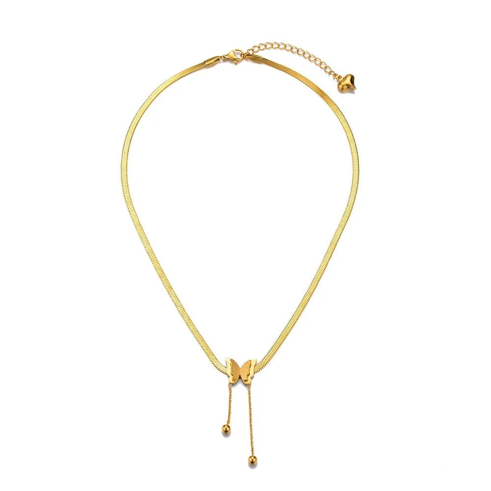 Golden Snake Bone Chain Butterfly Tassel Necklace