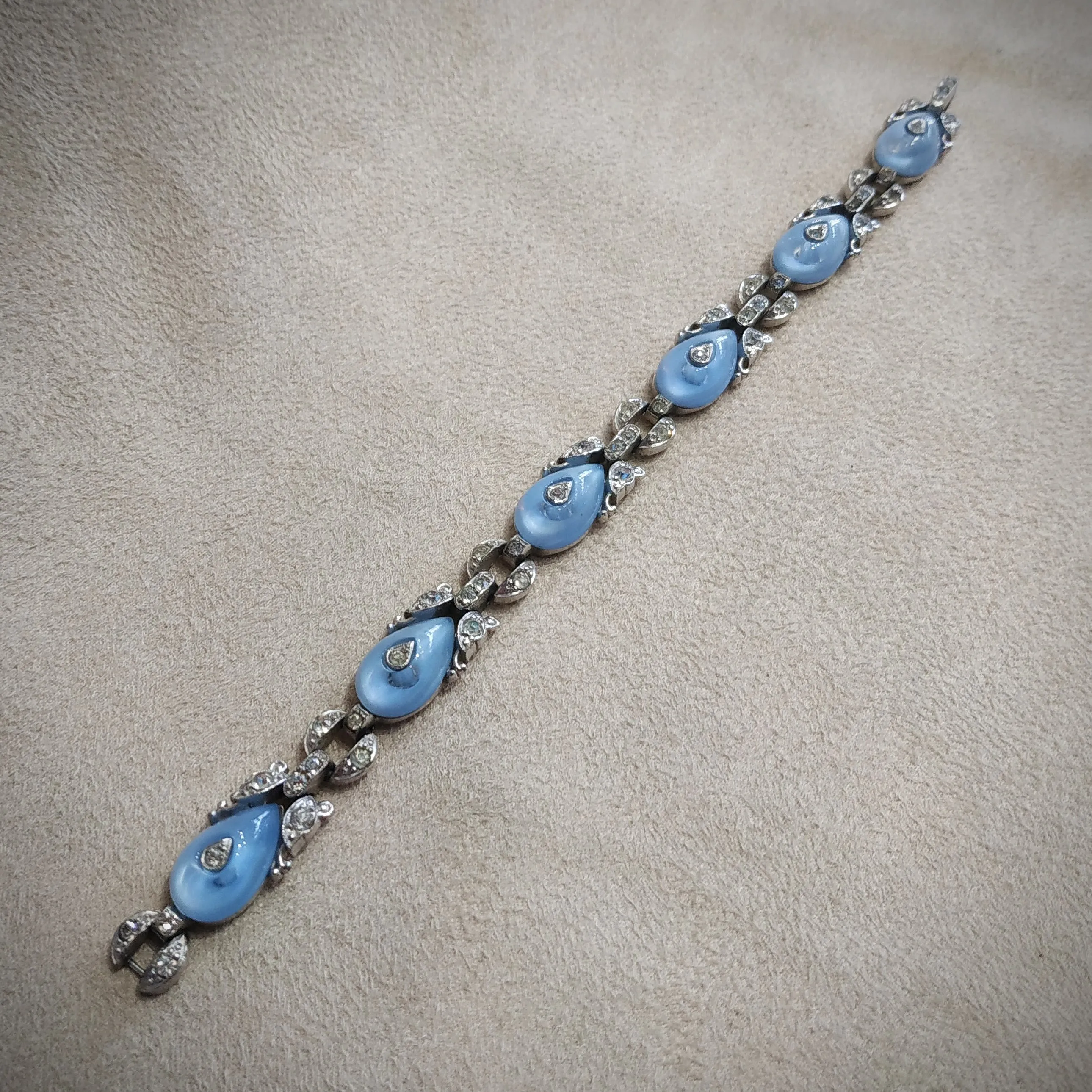 Icy blue moonglow shoe button vintage Trifari bracelet by Alfred Philippe