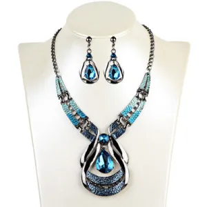 jewelry suit, exotic, antique, oil blue, blue jewel necklace, water drop suit earring clavicle chain